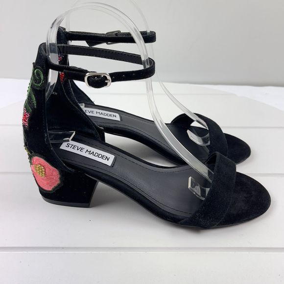 Steve Madden Inca Black Embroidered Floral Open Toe Ankle Strap Shoes Womens 6M - Picture 1 of 8